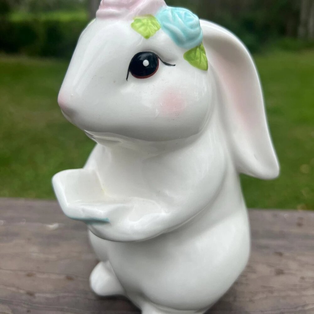 White Ceramic Easter Bunny Holding Bible Figurine Religious Holiday Decor